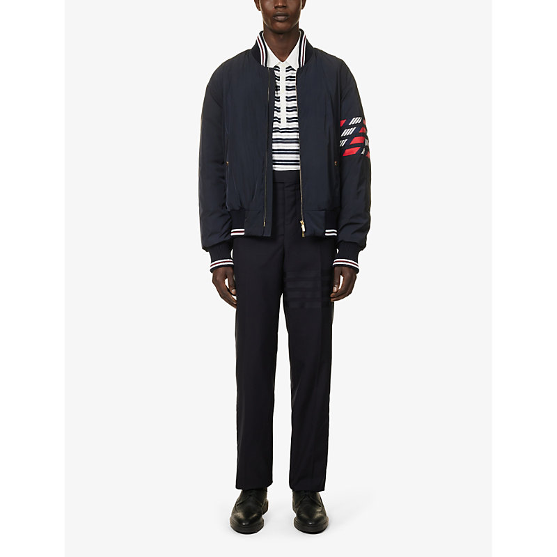 Shop Thom Browne Four-bar Brand-patch Shell-down Bomber Jacket In Blue