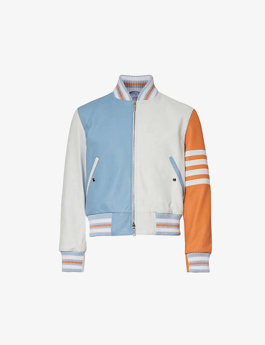Shop Thom Browne Men's White Striped-trim Stand-collar Leather Bomber Jacket