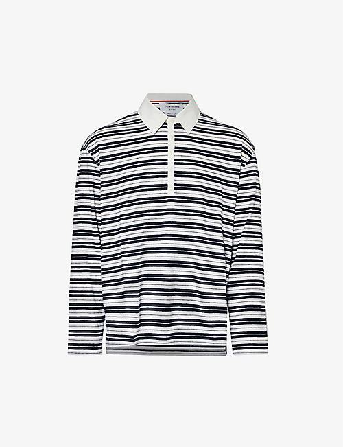 THOM BROWNE: Rugby striped relaxed-fit stretch-linen polo shirt