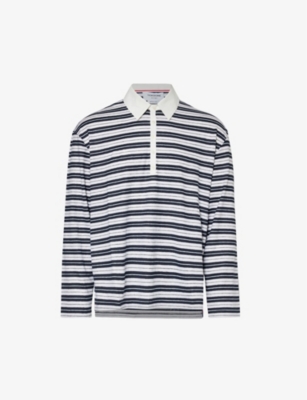 Thom Browne Mens Navy Rugby Striped Relaxed-fit Stretch-linen Polo Shirt