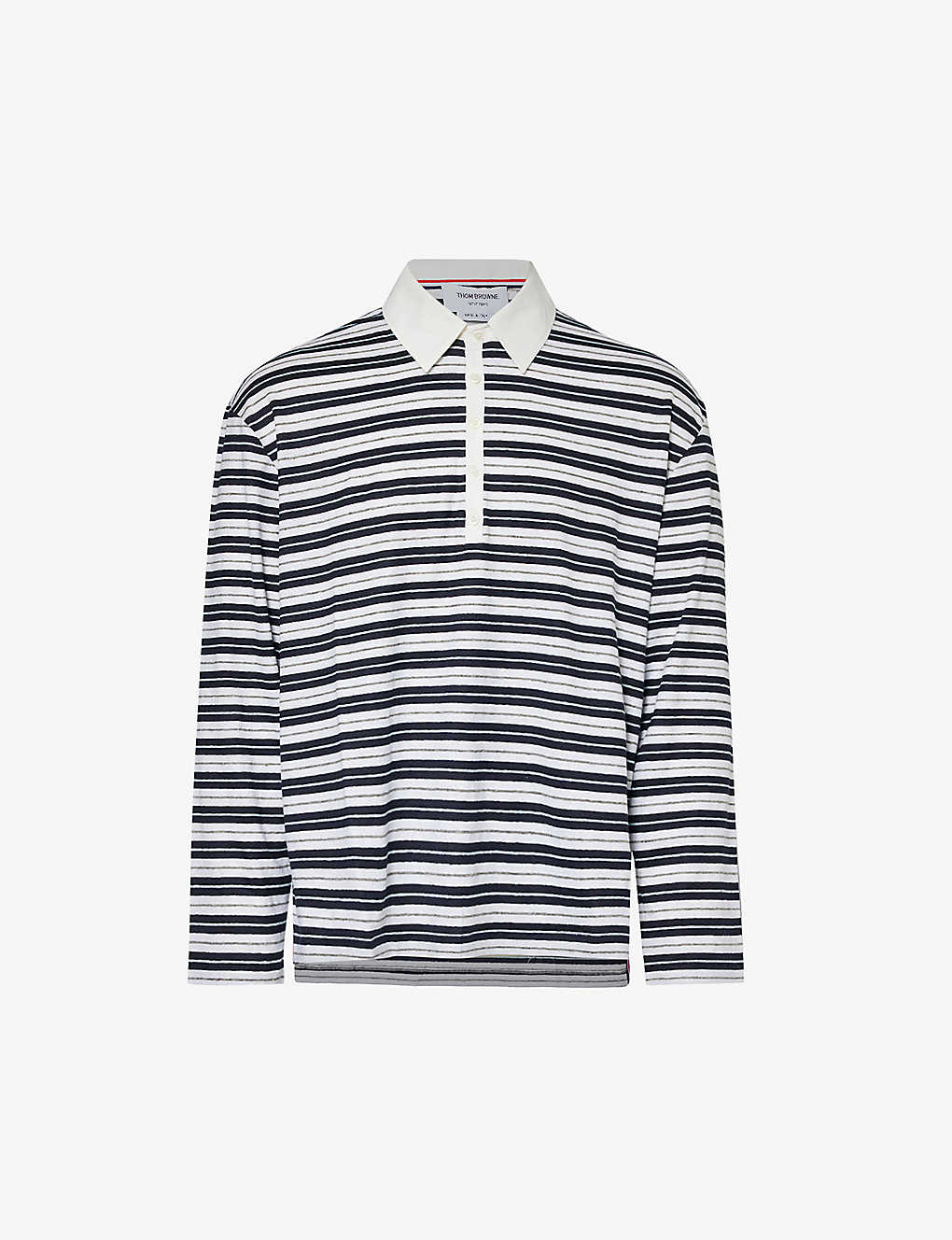 Thom Browne Mens Navy Rugby Striped Relaxed-fit Stretch-linen Polo Shirt