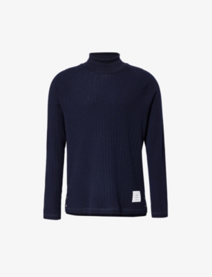 Thom Browne Mens Navy High-neck Regular-fit Wool-knit Jumper