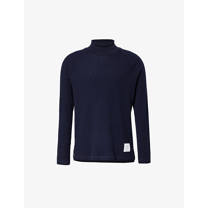 Thom Browne Mens Navy High-neck Regular-fit Wool-knit Jumper