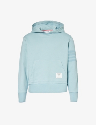 Thom Browne Mens Light Blue Branded Four-stripe Cotton Hoody