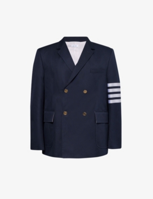 Shop Thom Browne Mens Navy Four-bar Double-breasted Regular-fit Cotton Blazer