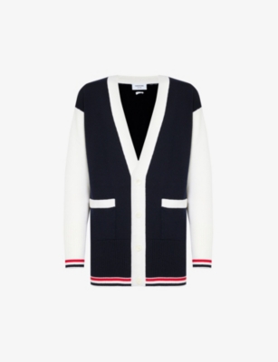 THOM BROWNE: Tricolour-trim V-neck wool-knitted cardigan