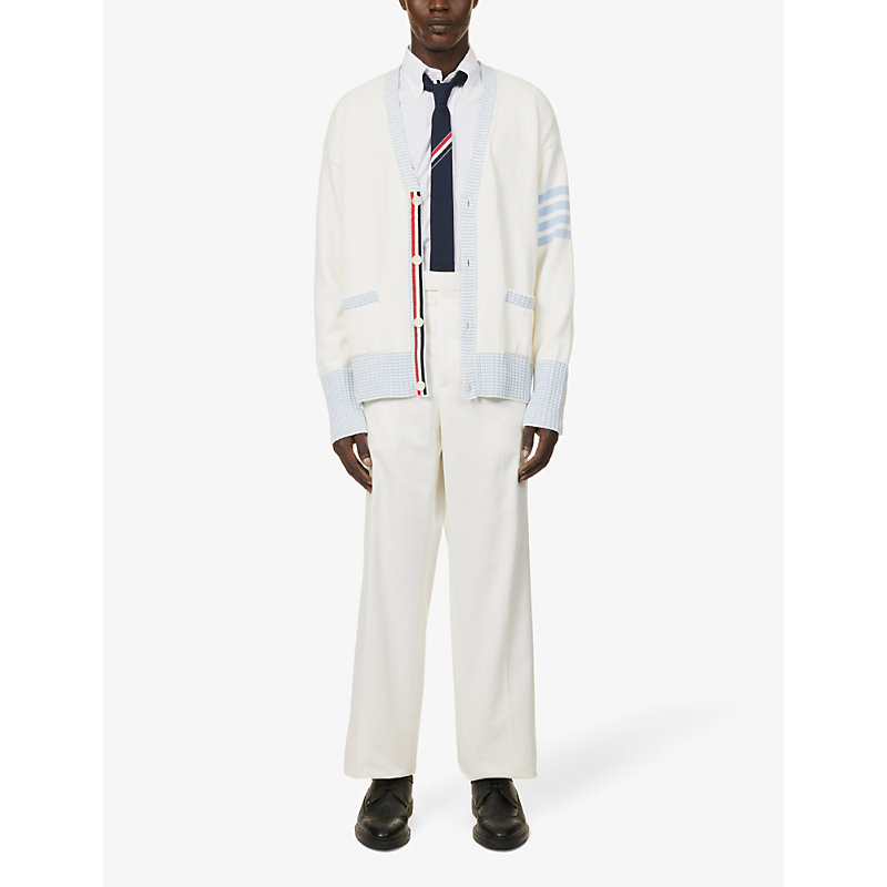 Shop Thom Browne Mens White Brand-tab Straight-leg Low-rise Cotton-twill Trousers