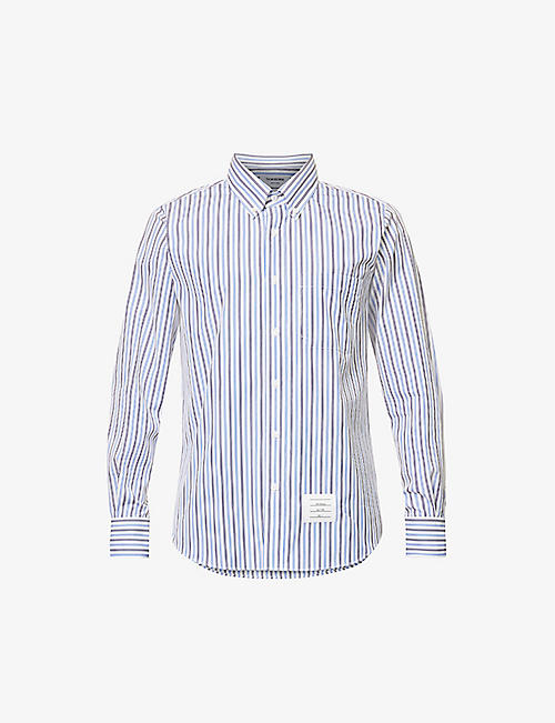 THOM BROWNE: Striped logo-patch cotton-poplin shirt