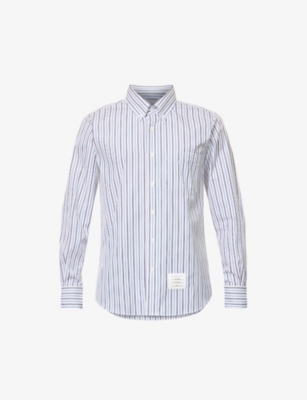 Shop Thom Browne Men's Vy Striped Logo-patch Cotton-poplin Shirt In Navy