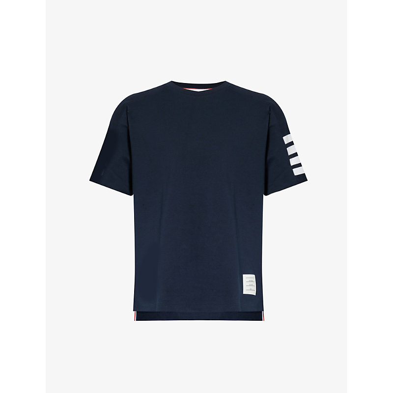 Shop Thom Browne Mens Navy Branded Short-sleeved Cotton-jersey T-shirt
