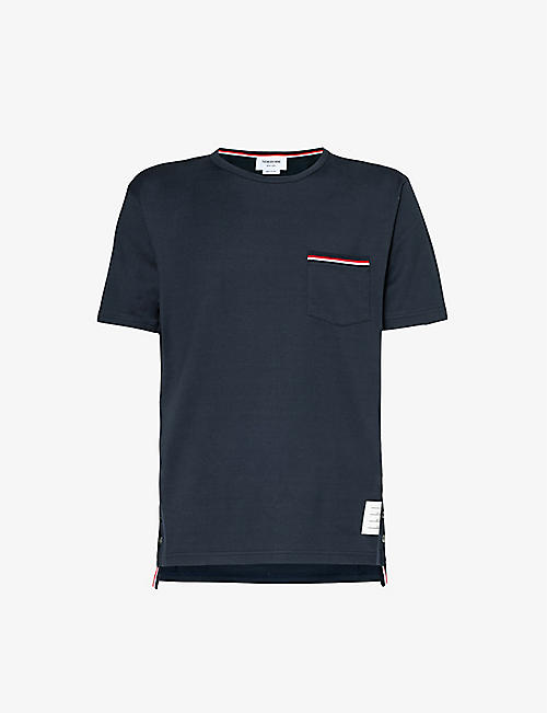 THOM BROWNE: Striped-trim brand-patch cotton-jersey T-shirt