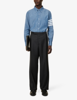 Shop Thom Browne Men's Blue Four-bar Brand-patch Regular-fit Cotton Shirt