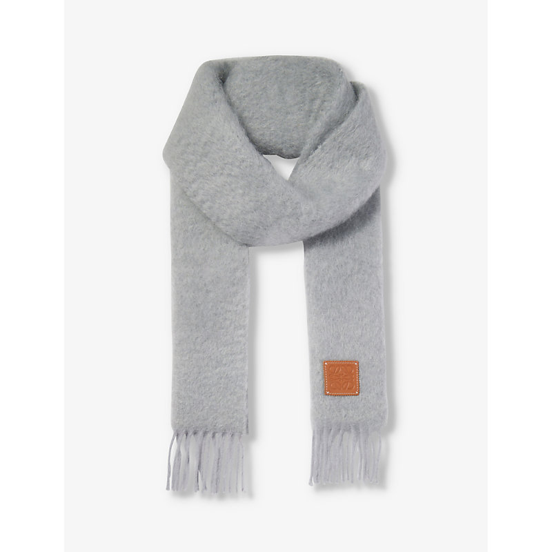 Loewe Mens Light Grey Anagram Brushed Mohair Wool-blend Knitted Scarf 185cm X 23cm