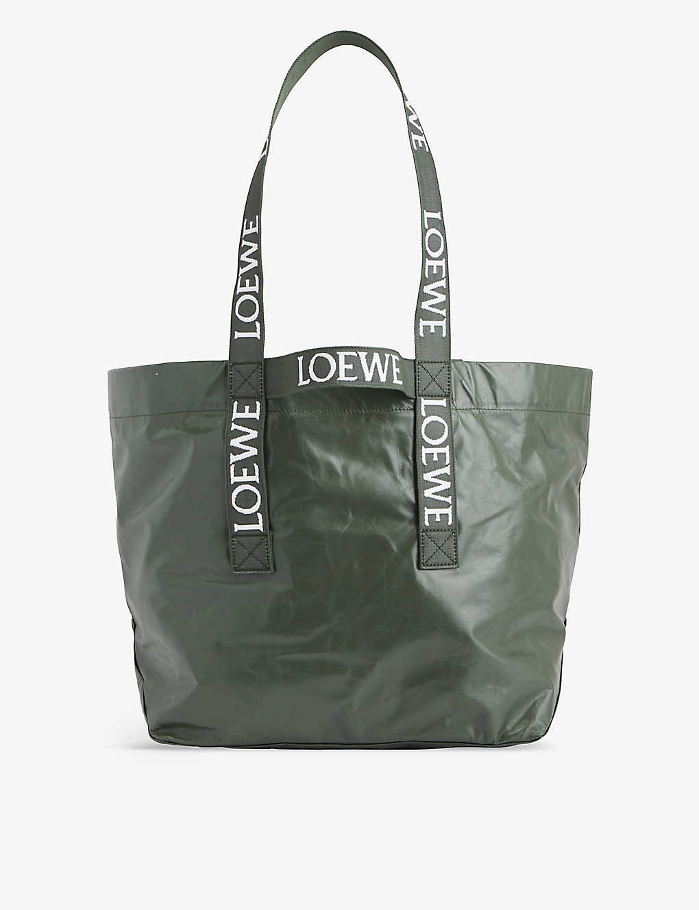 Loewe Webbing-trimmed Crinkled-leather Tote Bag In Green