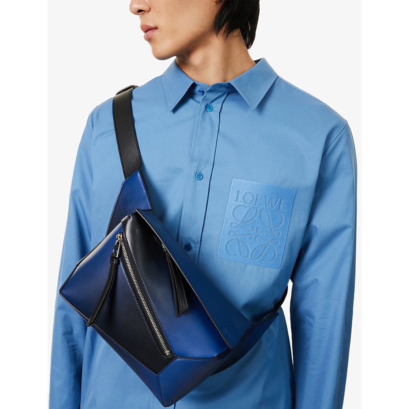 Shop Loewe Men's Navy Blue Puzzle Edge Small Leather Belt Bag