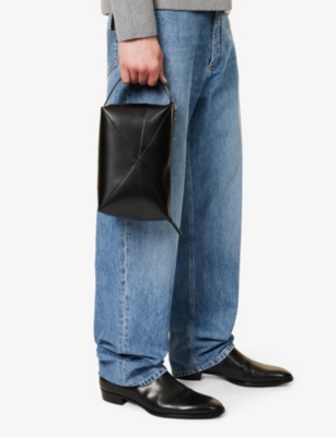 Shop Loewe Mens Black Puzzle Fold Panelled Leather Wash Bag