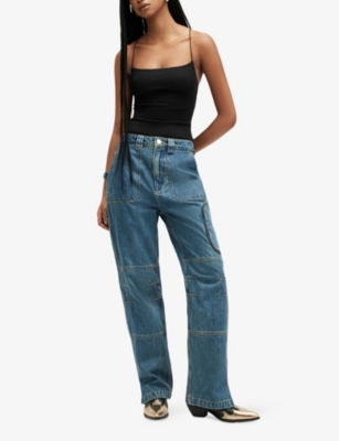 Allsaints Womens Black Tilly Square-neck Shirred Recycled-polyester Bodysuit In Black