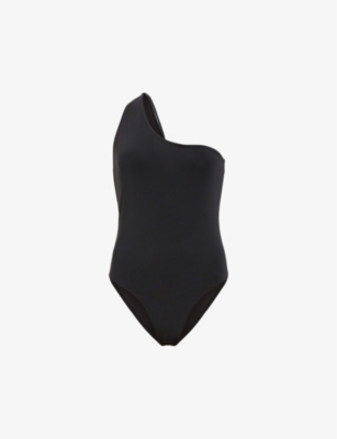 Shop Allsaints Women's Black Correl One-shoulder Stretch-woven Swimsuit