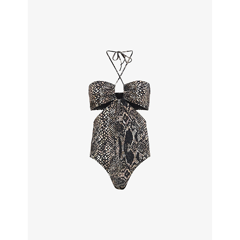 Allsaints Womens Waimea Black Cody Graphic-print Cut-out Stretch-woven Swimsuit