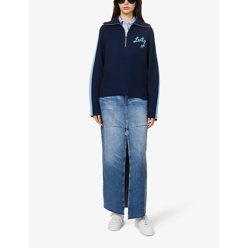 Shop Bella Freud Lucky Text-embroidered Wool-blend Jumper In Navy