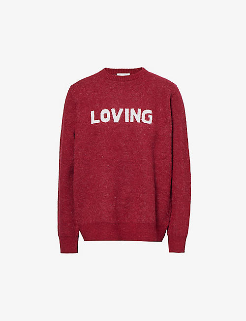 BELLA FREUD: Loving text-pattern wool-blend knitted jumper