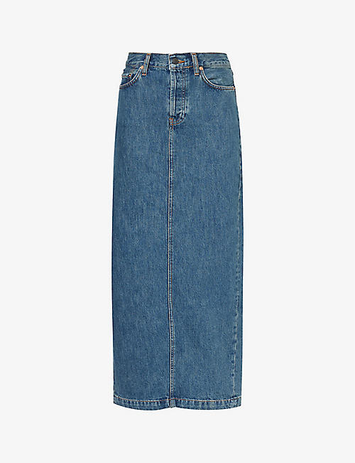 WARDROBE.NYC: Brand-patch split-hem mid-rise denim maxi skirt