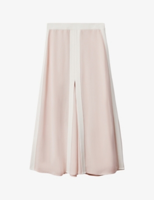 Shop Reiss Rosalia Contrast-trim Woven Midi Skirt In Nude/ivory