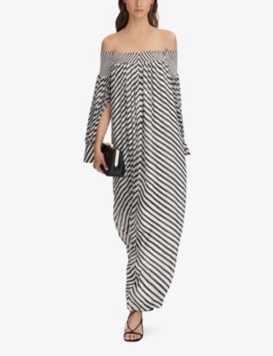 Shop Reiss Women's Black/cream Fabia Bardot Striped Woven Maxi Dress