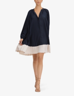 Shop Reiss Women's Navy/blush Gabby Relaxed-fit Pleated Woven Mini Dress
