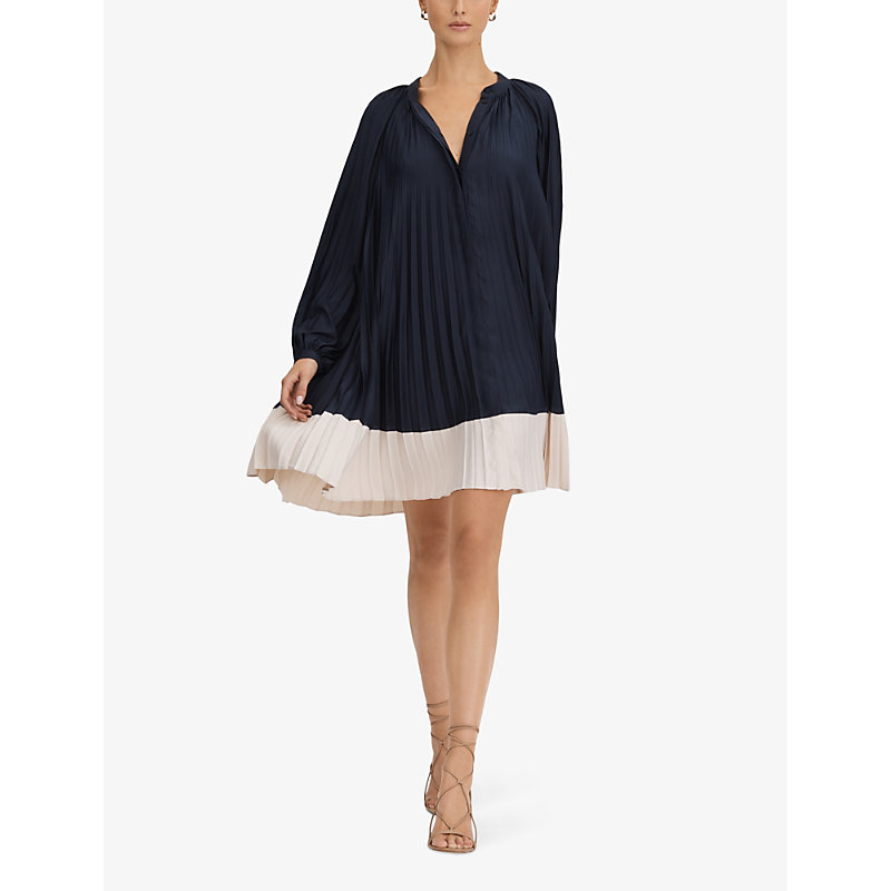 Shop Reiss Gabby Relaxed-fit Pleated Woven Mini Dress In Navy/blush