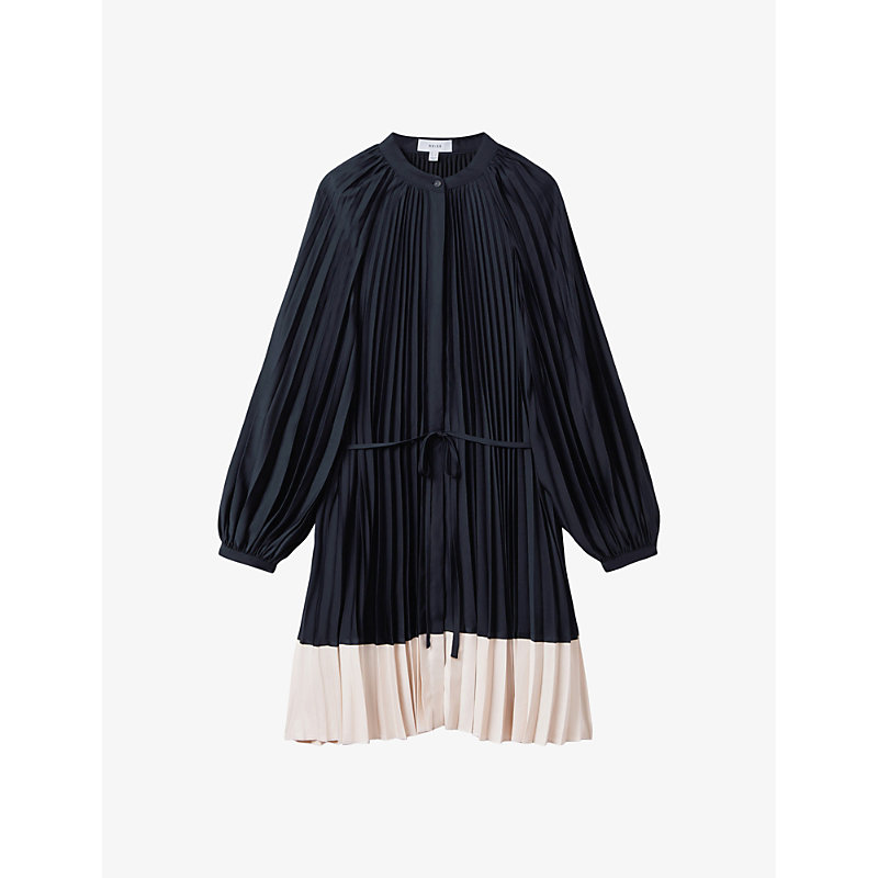 Shop Reiss Gabby Relaxed-fit Pleated Woven Mini Dress In Navy/blush
