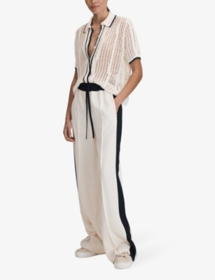 Shop Reiss Womens Ivory/navy Erica Open-knit Linen Shirt