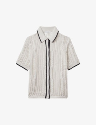 Shop Reiss Womens Ivory/navy Erica Open-knit Linen Shirt