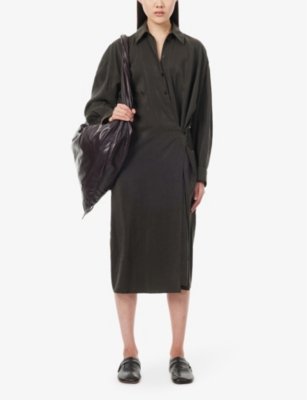 Shop Lemaire Women's Dark Espresso Relaxed-fit Long-sleeved Silk-blend Midi Dress