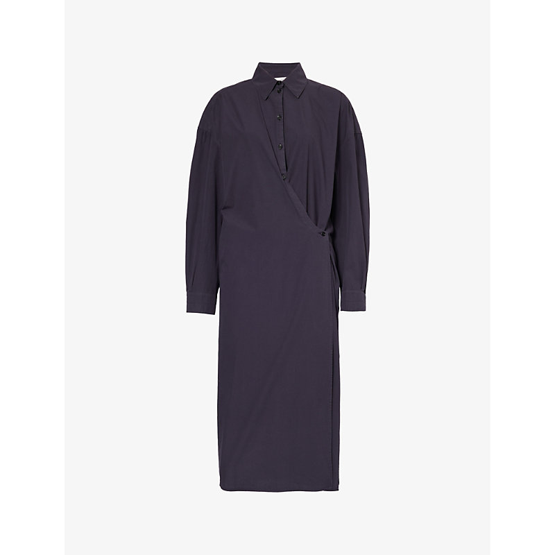 Shop Lemaire Twisted Wrap-over Cotton Midi Dress In Dark Navy