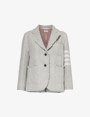 THOM BROWNE THOM BROWNE WOMEN'S MED GREY FOUR-BAR SINGLE-BREASTED COTTON-BLEND TWEED BLAZER