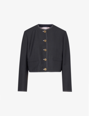 Shop Thom Browne Women's Vy Round-neck Cropped Wool Jacket In Navy