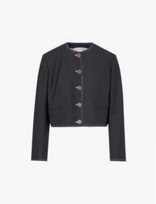 Shop Thom Browne Women's Navy Round-neck Cropped Wool Jacket