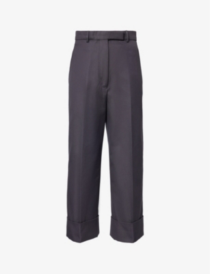 Shop Thom Browne Women's Dark Grey Relaxed-fit Wide-leg High-rise Cotton-canvas Trousers
