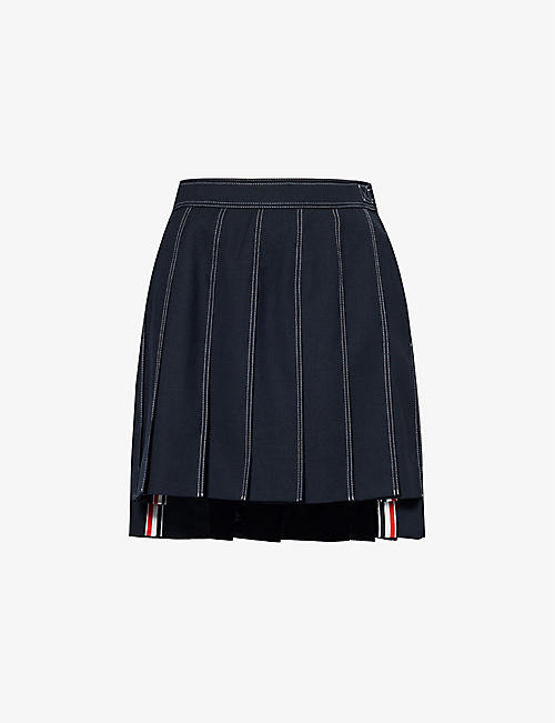 THOM BROWNE: Pleated contrast-stitching wool mini skirt