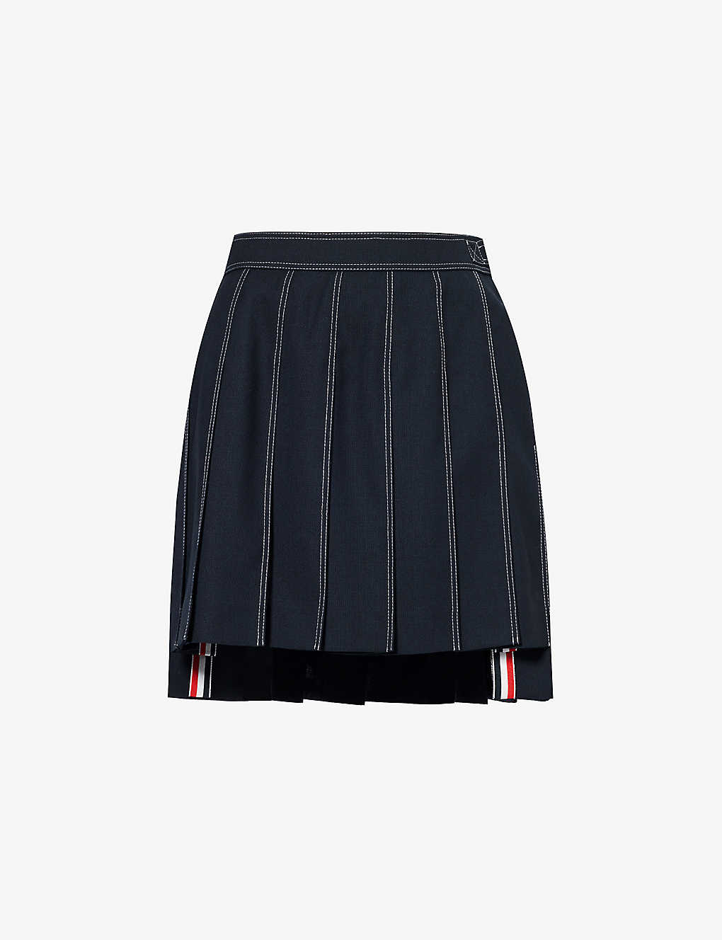 Shop Thom Browne Women's Navy Pleated Contrast-stitching Wool Mini Skirt