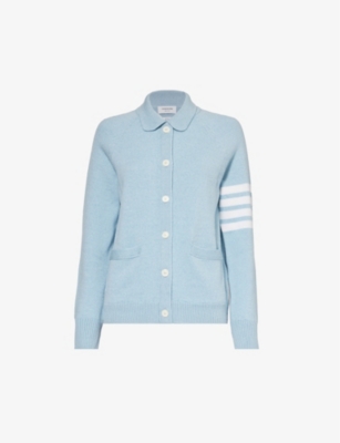 Thom Browne Womens Light Blue Four-bar Polo-collar Wool-knit Cardigan