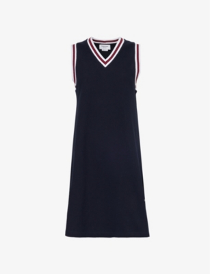Thom Browne Piquet Dress With V Neckline And Arm Holes In Navy