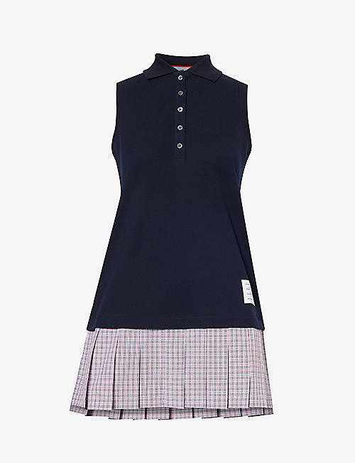 THOM BROWNE: Pleated Polo checked-skirt cotton mini dress
