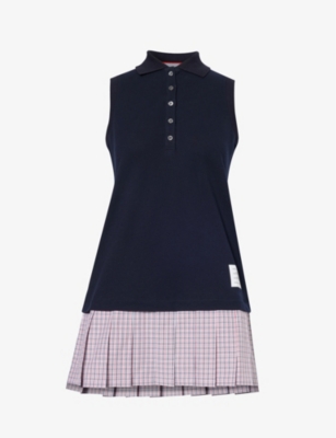 Shop Thom Browne Womens Navy Pleated Polo Checked-skirt Cotton Mini Dress