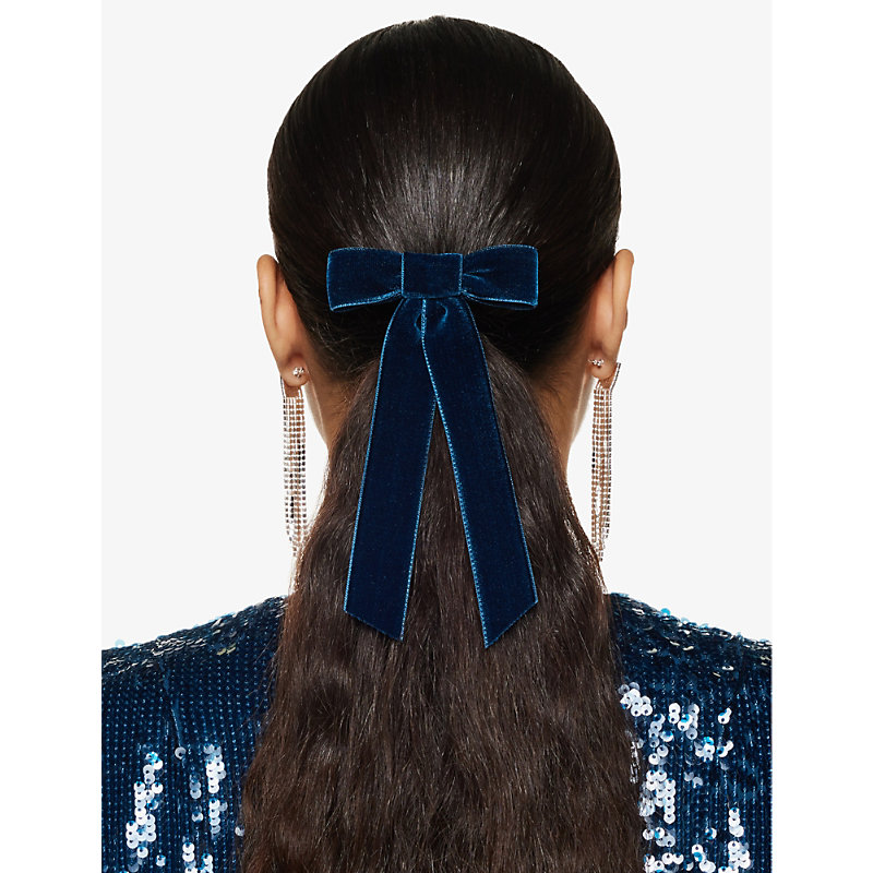 Shop Jennifer Behr Bow Velvet Barrette Hair Clip In Prussian