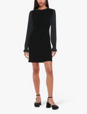 Shop Whistles Pleated-sleeve Round-neck Velvet Mini Dress In Black