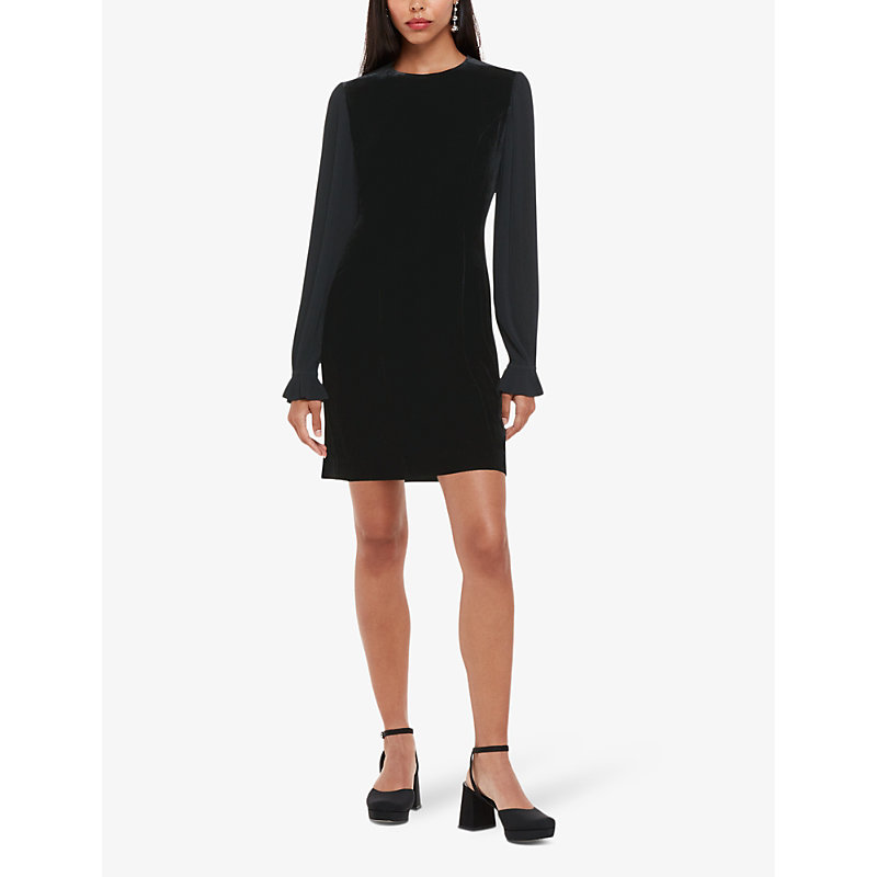 Shop Whistles Womens Black Pleated-sleeve Round-neck Velvet Mini Dress