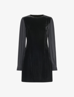 Whistles Womens Black Pleated-sleeve Round-neck Velvet Mini Dress