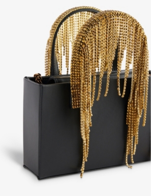 Shop Kara Black / Gold Crystal-embellished Fringed Leather Top-handle Bag